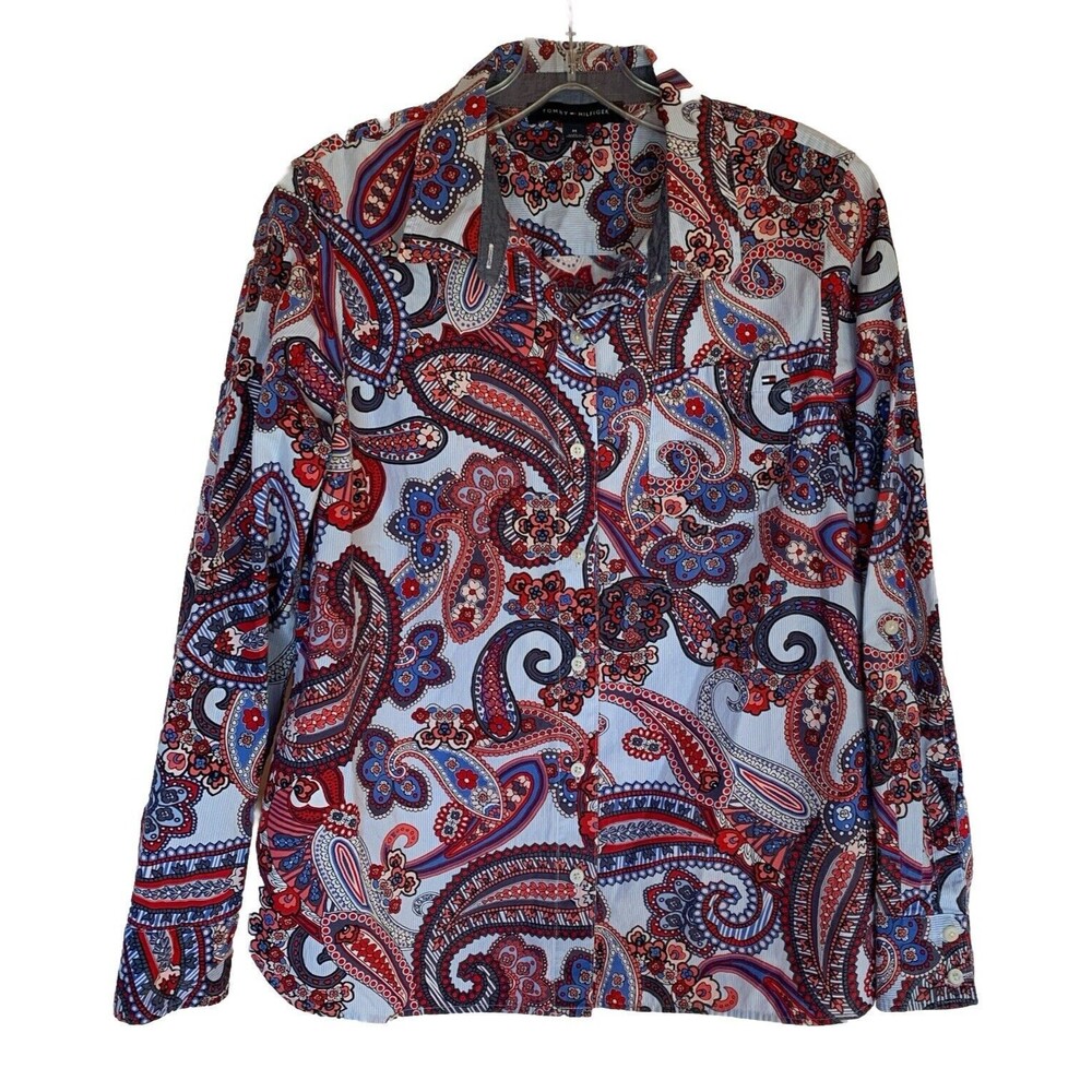 Tommy Hilfiger Paisley Button Up Shirt Roll Tab Women's Medium Preppy Americana